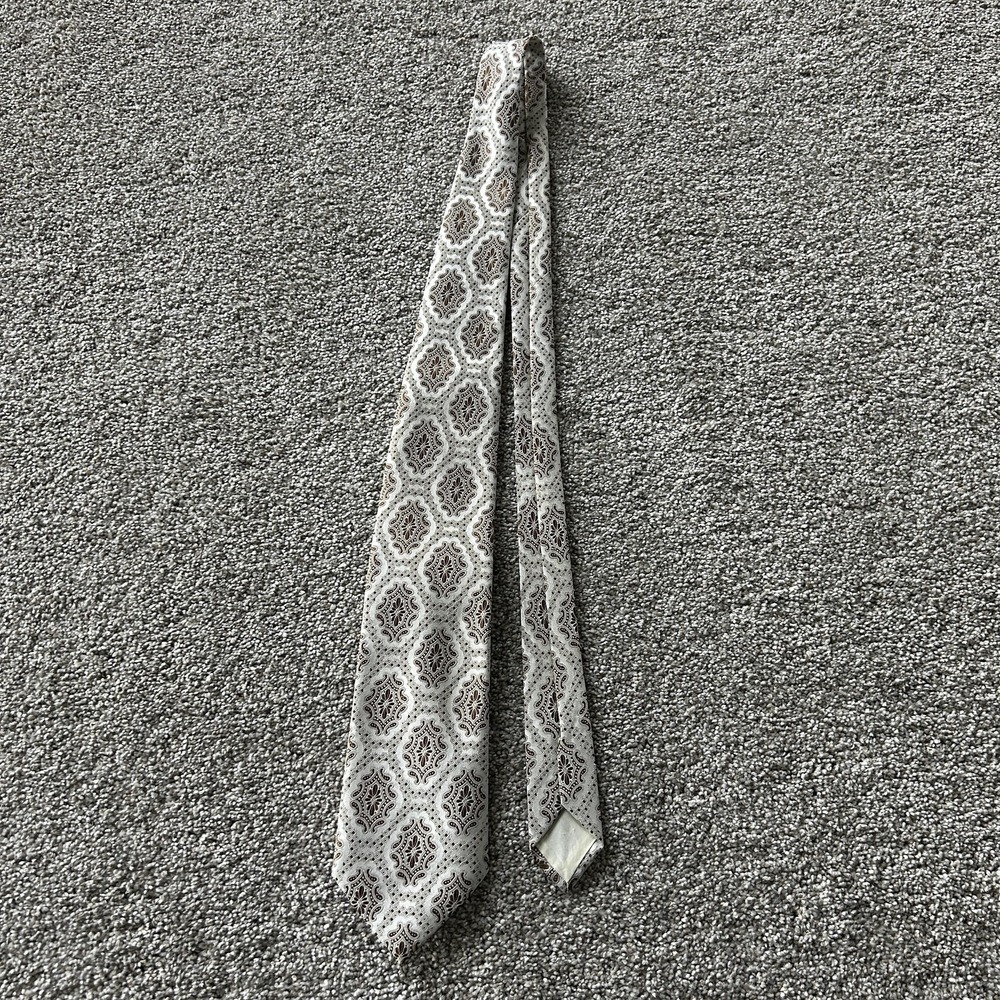 Vintage 70s 80s Mens Store Tie Mens Beige Geometric Woven Polyester Classic
